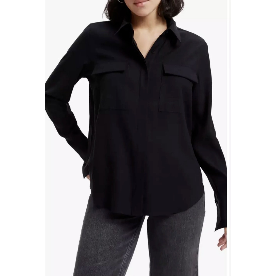 Good American Button Up Shirt Black Cotton Flap Pockets Long Cuff Sleeves Sz 1/S